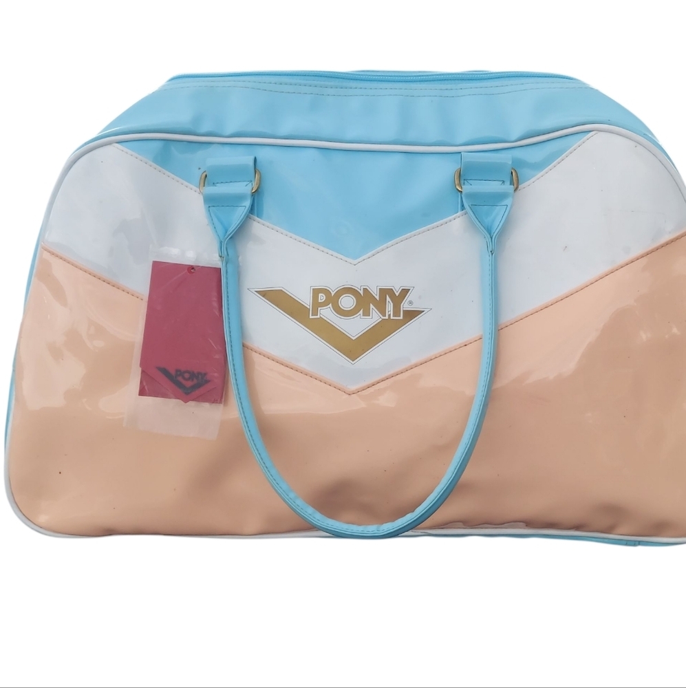 VINTAGE DEAD STOCK PONY GYM BAG PURSE NEW W/ TAGS PEACH BLUE WHITE GOLD MUST SEE